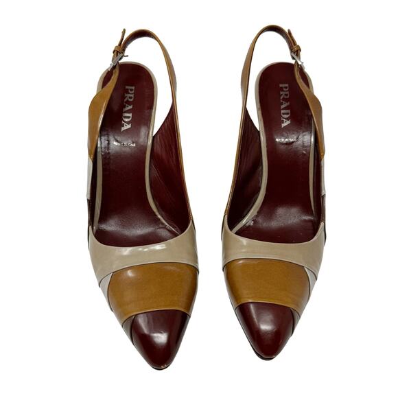 Prada Vintage Y2K Brown Leather Slingback Mule Pumps Logo Heels EU 39 - Picture 2 of 9